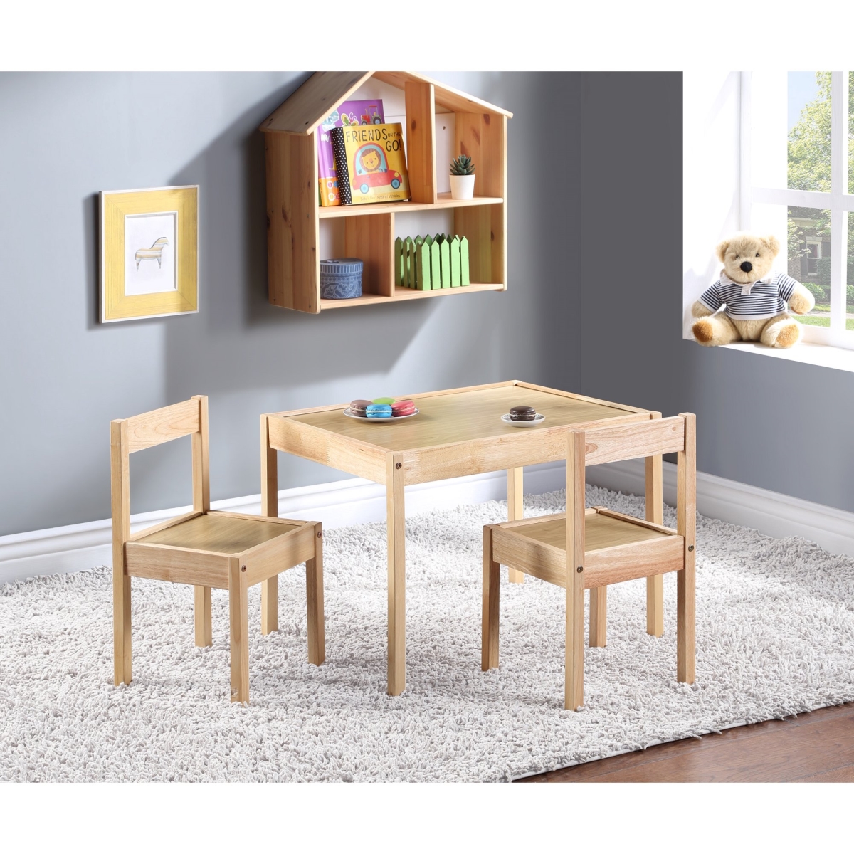 Della 3 Piece Solid Wood Kids Table & Chair Set, Natural