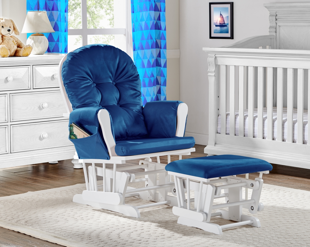 25917-WHN Mason Glider and Ottoman White Wood and Navy Fabric