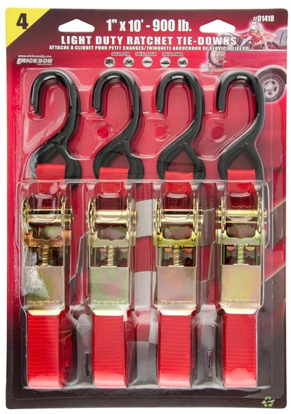360241848 01418 1 in. x 10 ft. 900 lbs Ratchet Tie Down Straps, Red - Pack of 4