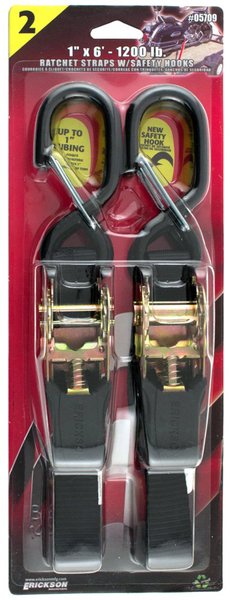 05709 1 in. x 6 ft. 1200 lbs Heavy Duty Motorcycle Strap with Safety Hooks, Black - 2 Piece