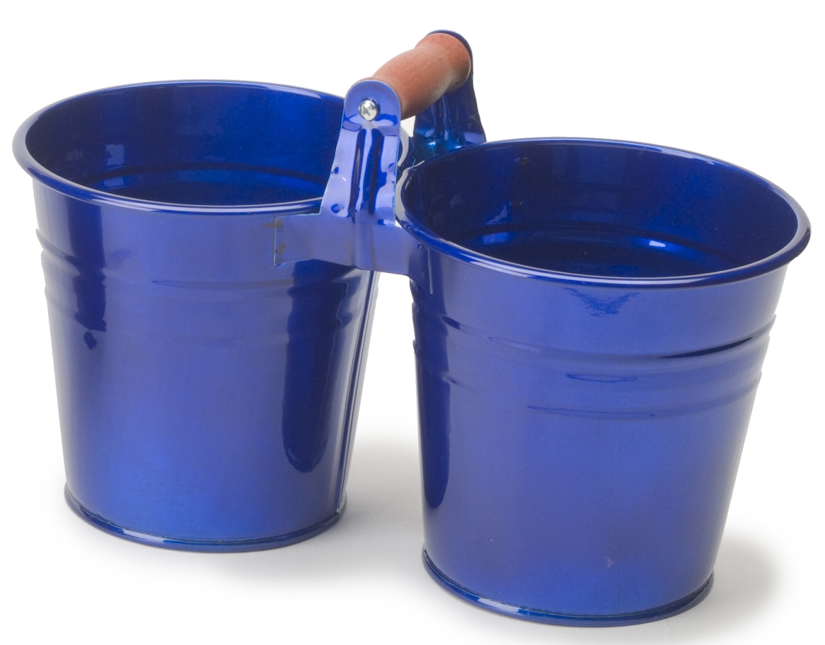 Enameled Galvanized 2 Planter Unit with Wood Handle, Glazed Blue