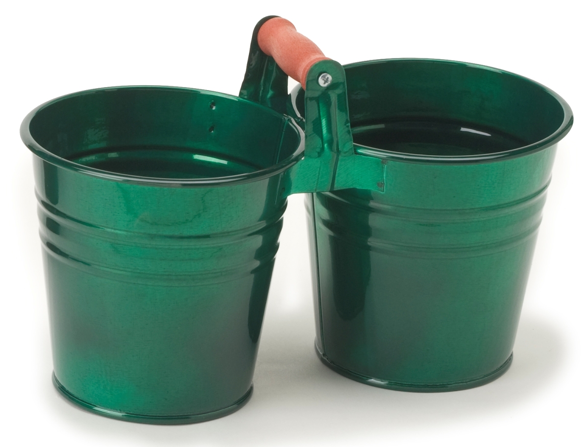 Enameled Galvanized 2 Planter Unit with Wood Handle, Glazed Green