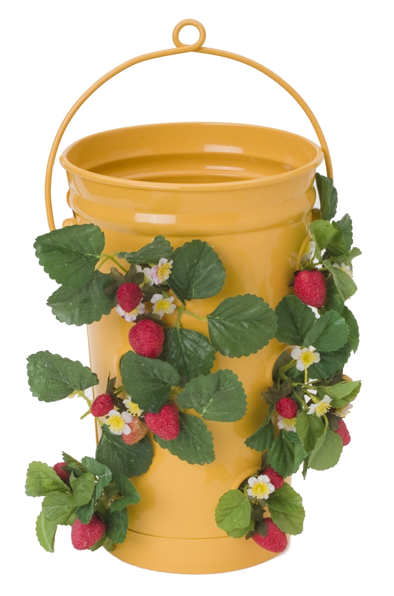 7 in. dia. x 13 in. Enameled Galvanized Strawberry & Flower Planter, Saffron