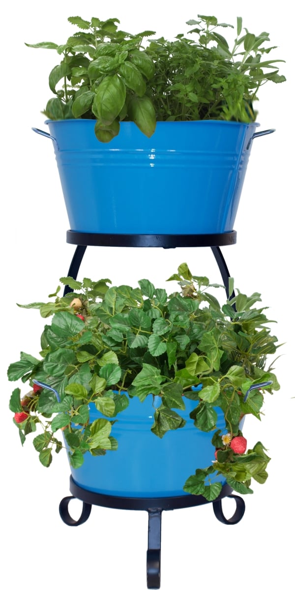 Enameled Raised Planter with Iron Stand, Blue