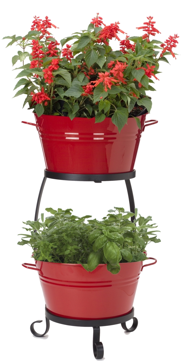 Enameled Raised Planter with Iron Stand, Red