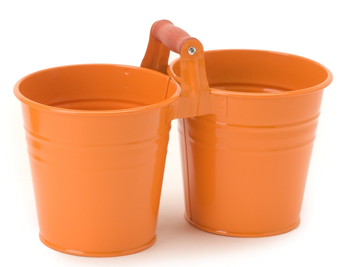 Enameled Galvanized 2 Planter Unit with Wood Handle, Tangerine
