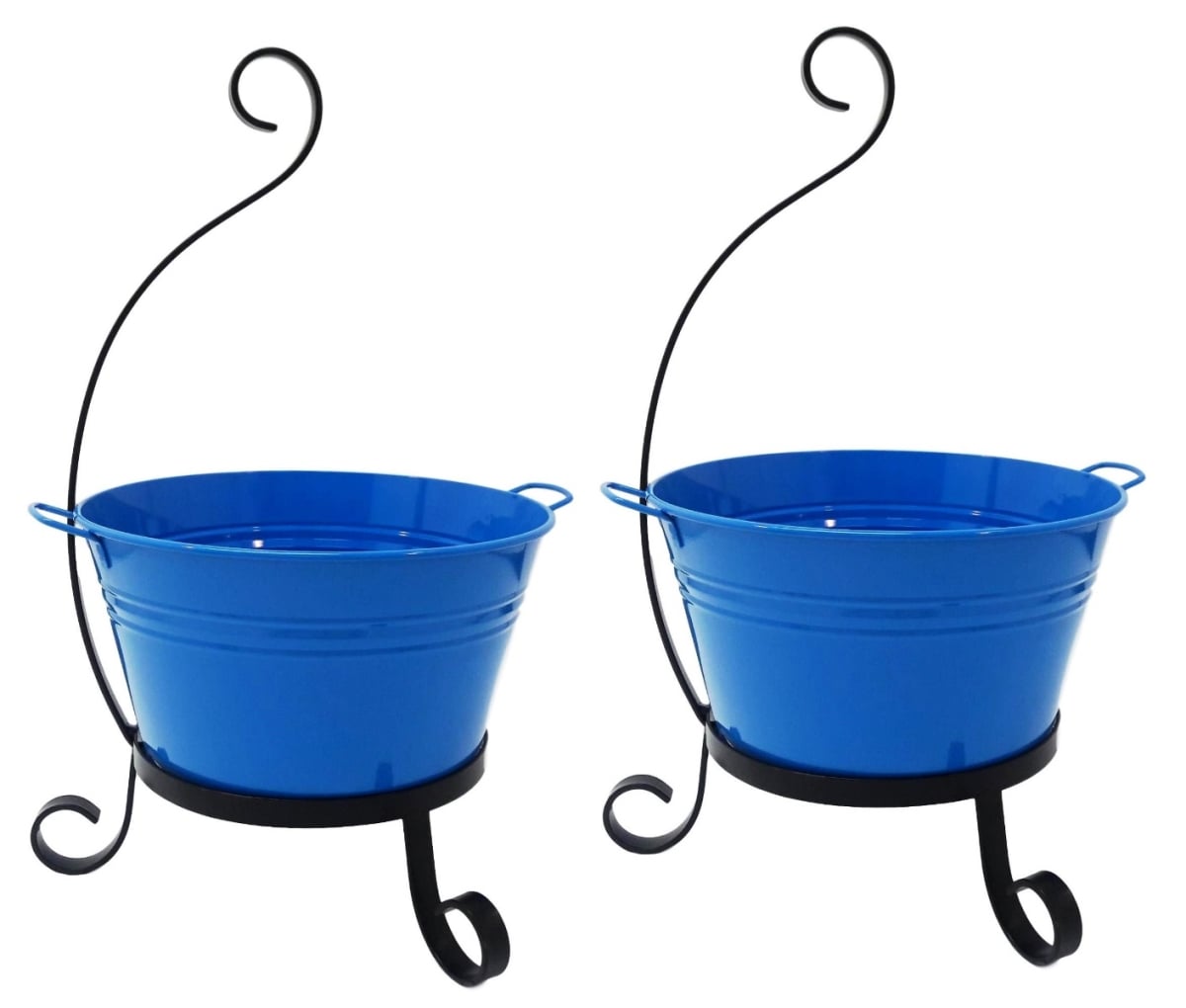 7065E B S-2 Enameled Galvanized Steel Planter with Iron Stand - Set of 2