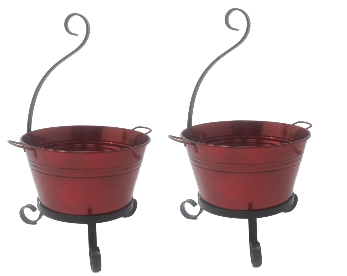 7065E GA S-2 Enameled Galvanized Steel Planter with Iron Stand - Set of 2