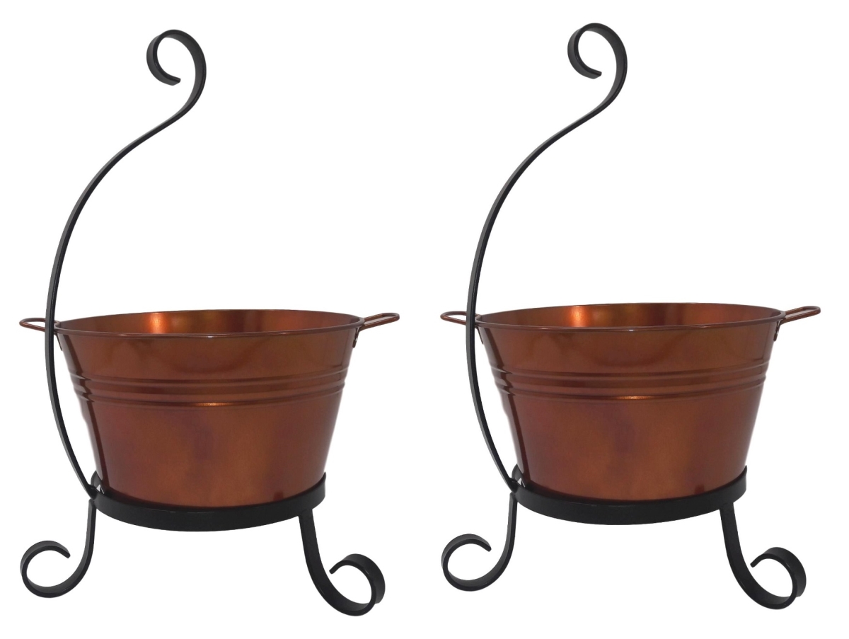 7065E GC S-2 Enameled Galvanized Steel Planter with Iron Stand - Set of 2