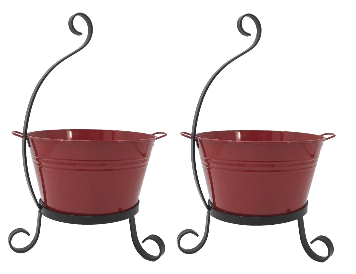 7065E XR S-2 Enameled Galvanized Steel Planter with Iron Stand - Set of 2