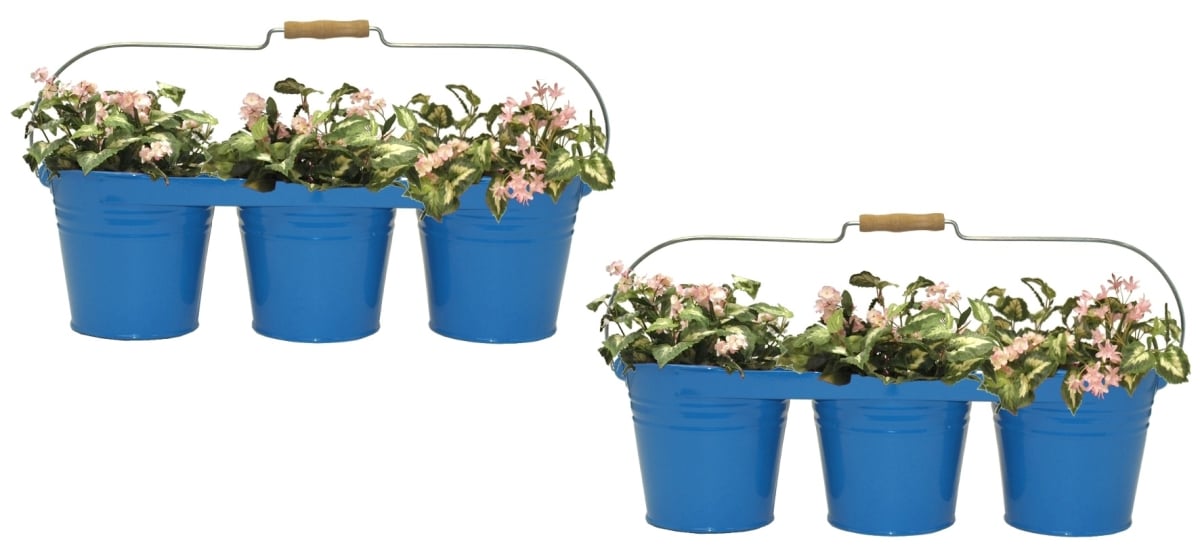 8333E B S/2 8333E B S/2 Enameled Galvanized Triple Planter with Wood Handle for 6.5 in. Pots, Blue Set of 2