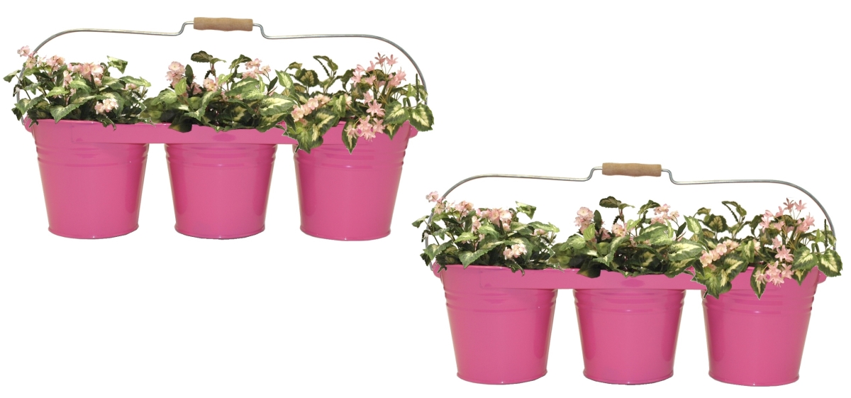 8333E HPK S/2 8333E HPK S/2 Enameled Galvanized Triple Planter with Wood Handle for 6.5 in. Pots, Hot Pink Set of 2