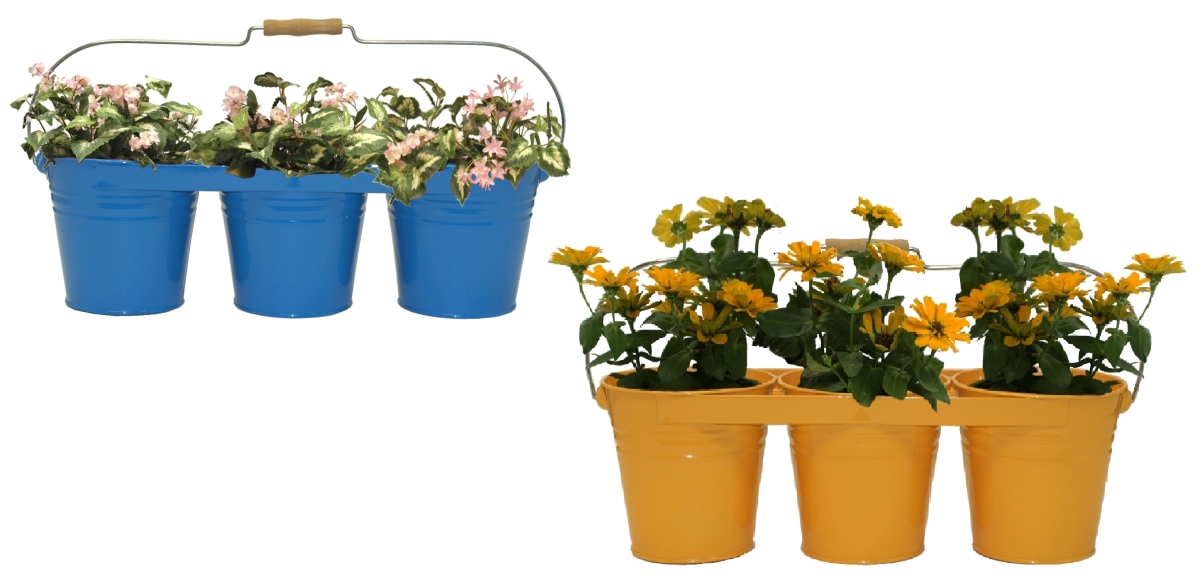 8333E B-SAFF S/2  8333E B-SAFF S/2 Enameled Galvanized Triple Planter with Wood Handle for 6.5 in. Pots, Blue, Saffron Set of 2