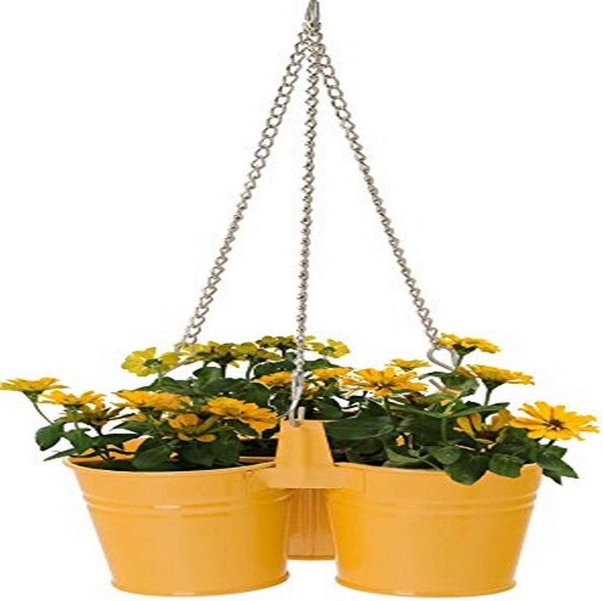 8118E SAFF S-2 7 x 7 x 6 in. Enameled Galvanized Steel Triple Hanging Planter for 6.5 in. Plants, Saffron Yellow - Set of 2