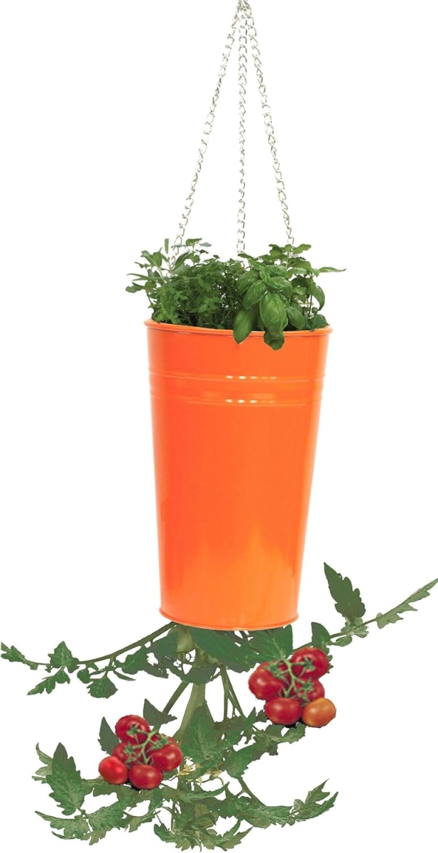 8398E TA S-2 7 x 7 x 12 in. Enameled Galvanized Steel Upside-down Hanging Planter, Tangerine - Set of 2