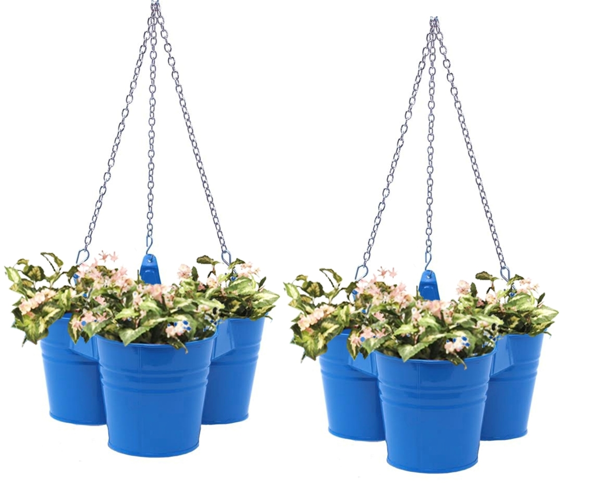8118E B S-2 Enameled Galvanized Steel Triple Hanging Planter for 6.5 in. Plants, Blue - Set of 2