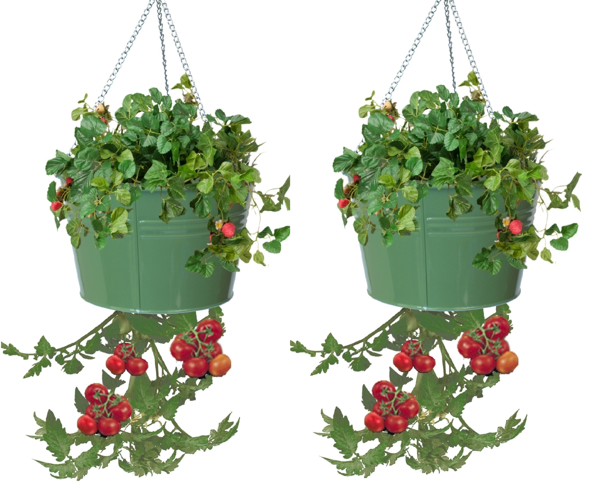 8399E SA S-2 Upside Down Hanging Planter - Sage - Set of 2 - Durable Enameled Steel