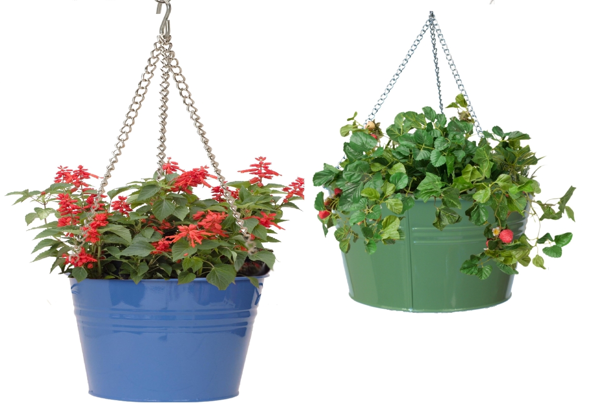 8370E B-SA S/2 Enameled Galvanized Steel Hanging Planter Set of Two