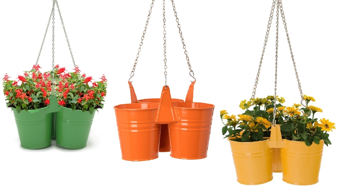 8117E S/3 AG-SAFF-TA Enameled Galvanized Steel Triple Hanging Planter, Set o Three