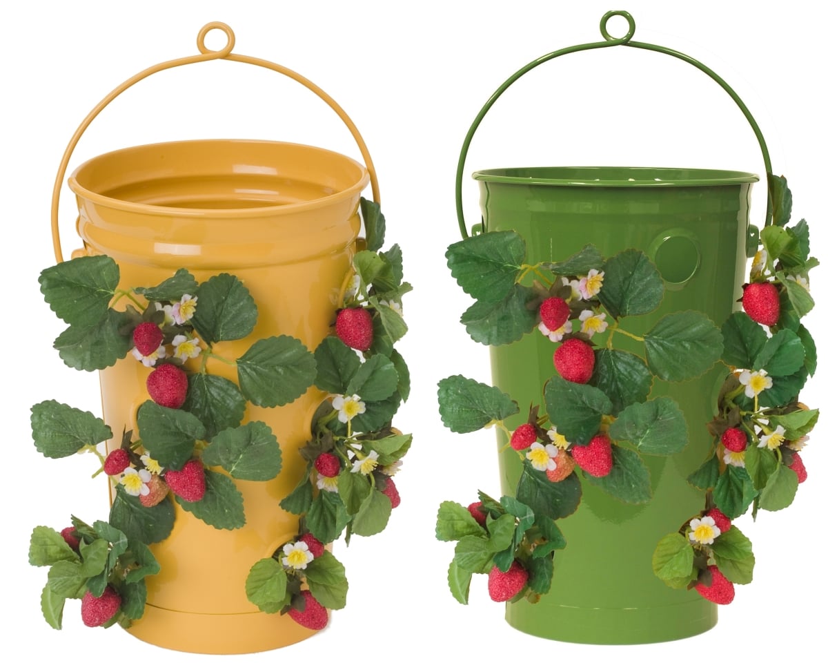 8491E SAFF-SA S/2  Enameled Galvanized Strawberry, Flower Planter S/2 Saffron, Sage, 7'W x 13'H