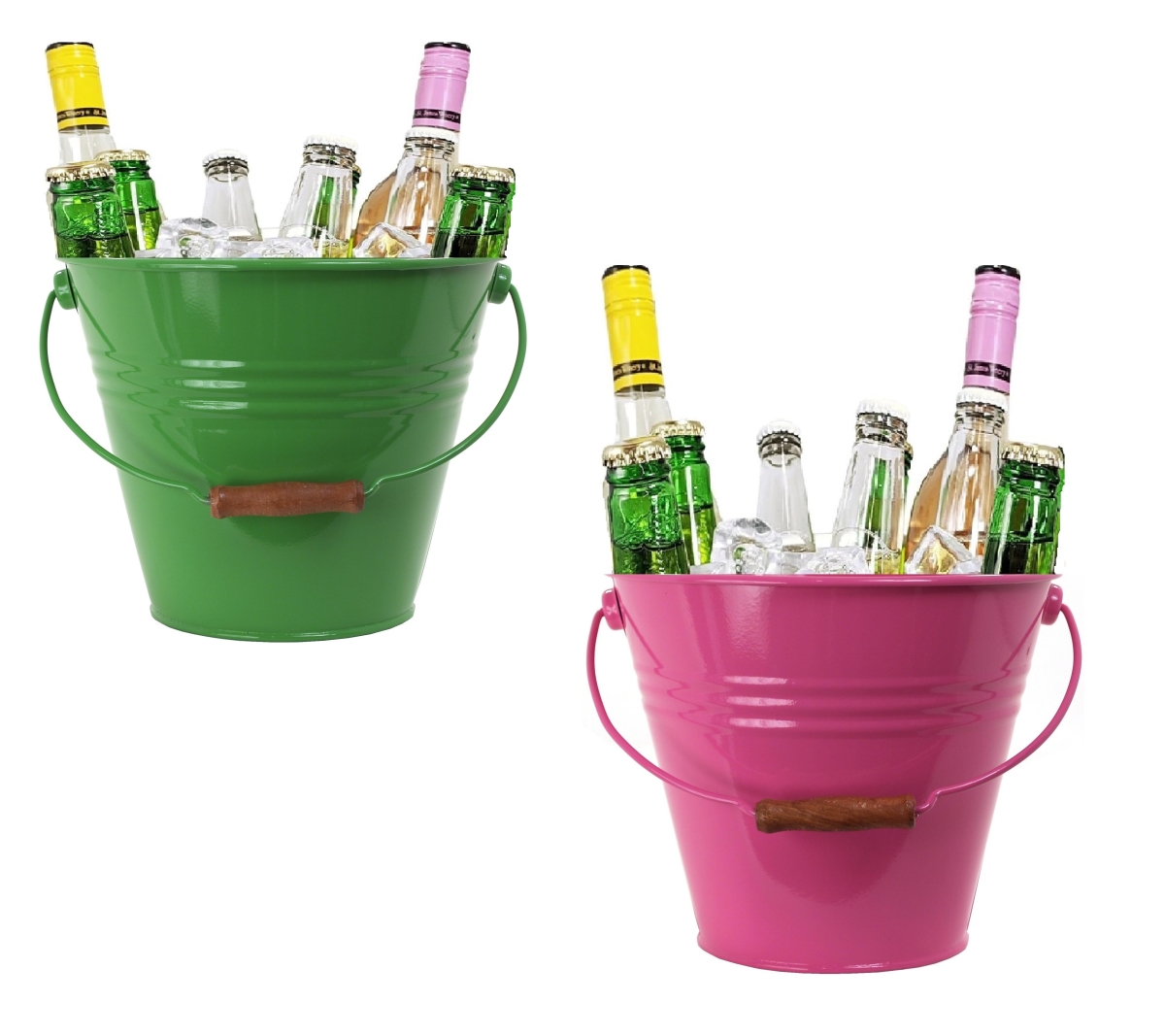 5202ESA-HPK-BEV S/2 Enameled Steel Beverage Tub. 12'D  x  11.5'H, Set of Two. Sage-Hot Pink