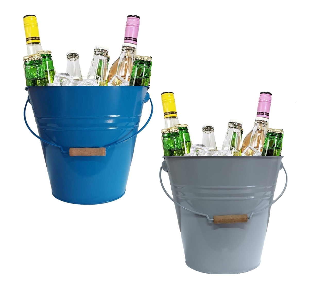 5202EB-LTGRY-BEV S/2  Enameled Steel Beverage Tub. 12'D  x  11.5'H, Set of Two. Blue-Light Gray