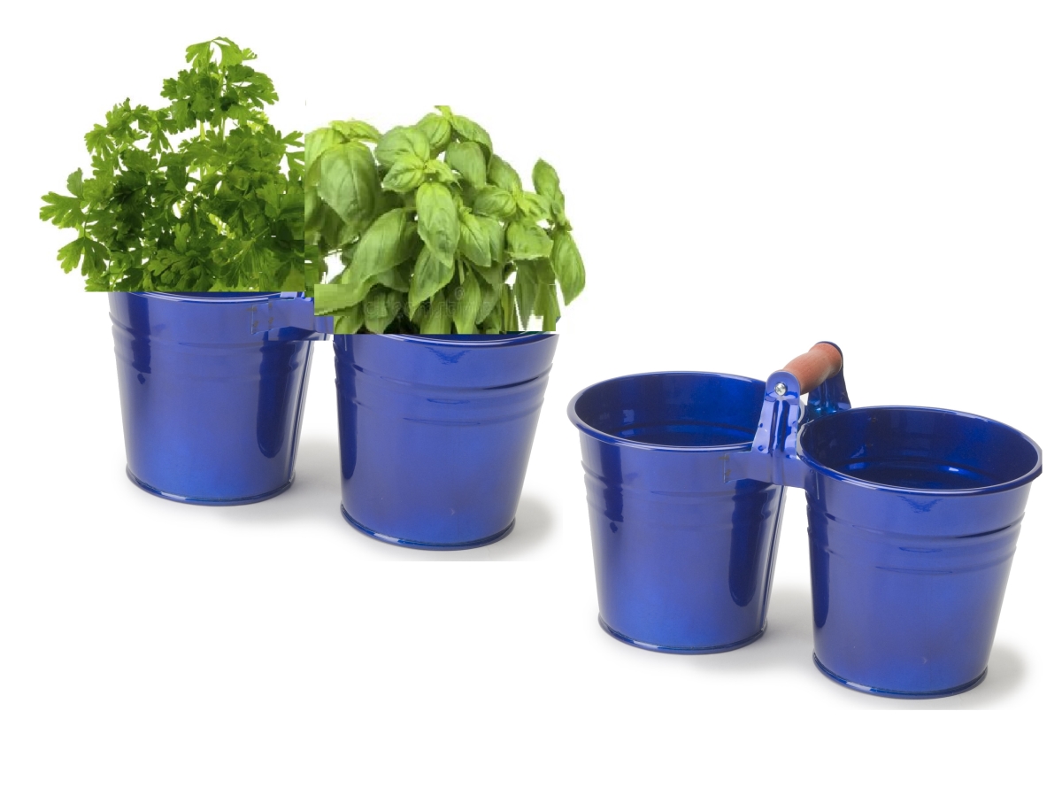 8122EGB-HERB Indoor Herb Garden Steel Planter, Set of Two. Glazed Blue