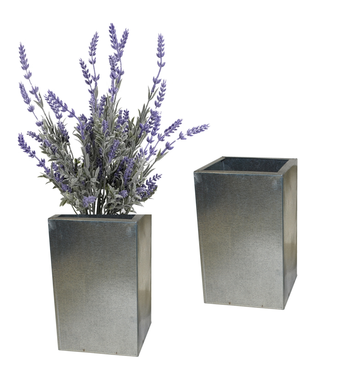 1058-1 S/2 Galvanized steel, retro decorative containers set of two, for silk and dried flower arrangements.