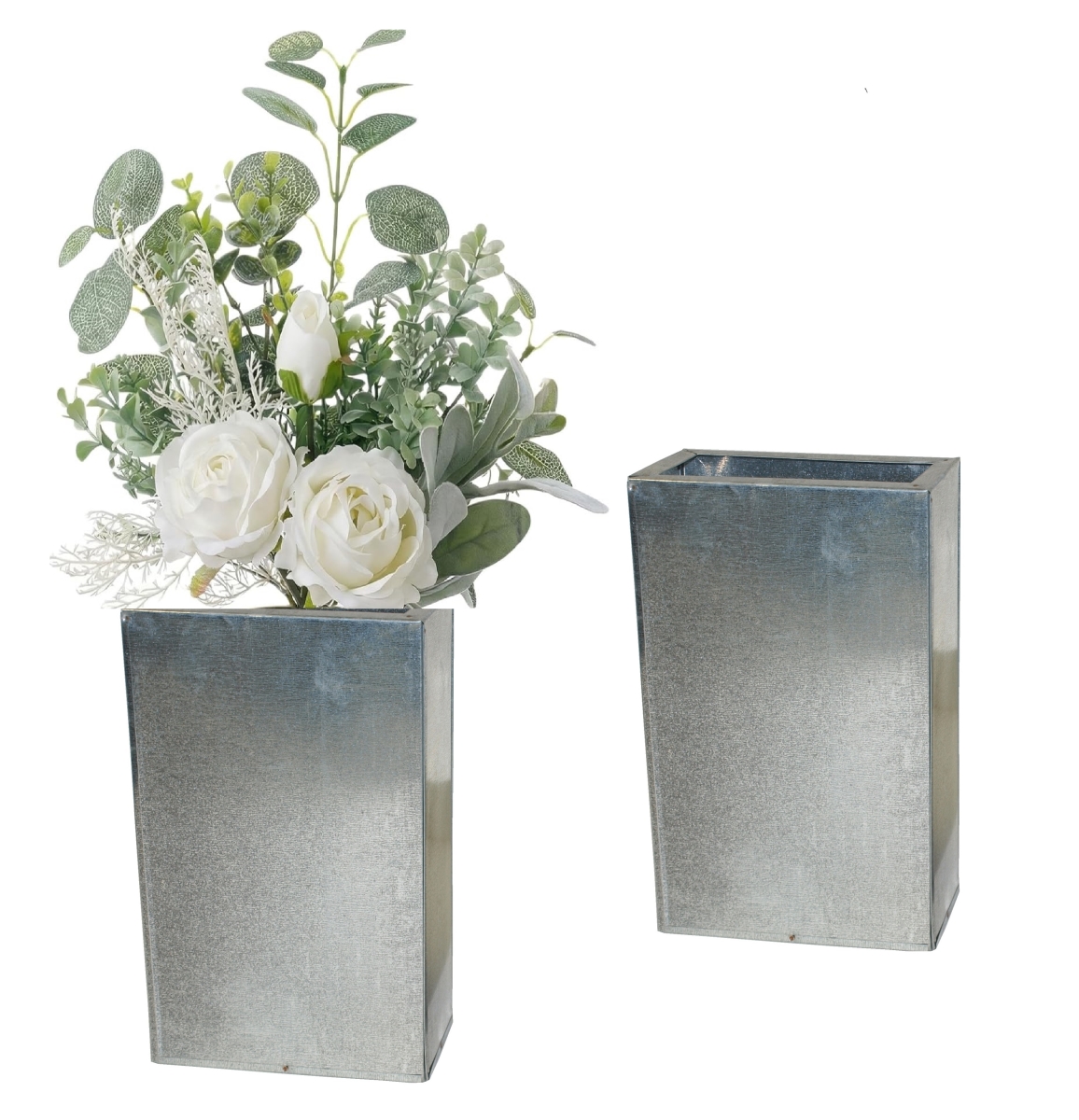 1012-1 S/2 Galvanized steel, retro decorative containers set of two, for silk and dried flower arrangements.