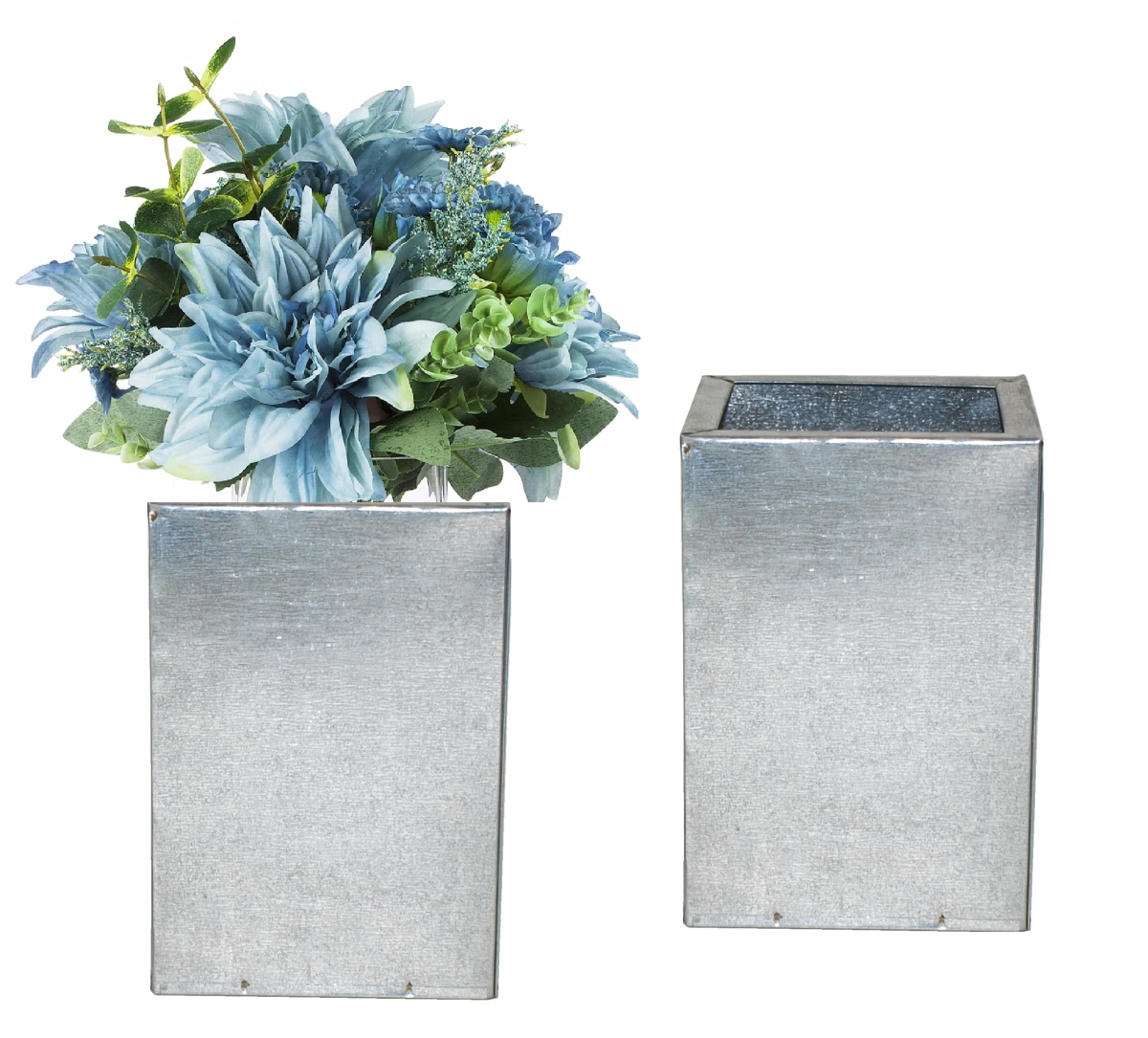 1067-2 S/2 Galvanized steel, retro decorative containers set of two, for silk and dried flower arrangements.