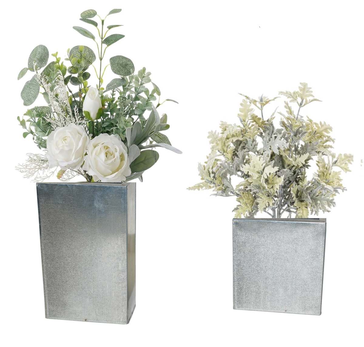 1012 S/2 Galvanized steel, retro decorative containers set of two, for silk and dried flower arrangements.
