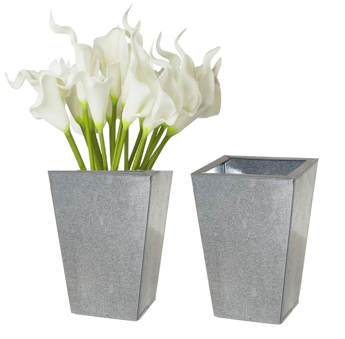 1039-1 S/2 Galvanized steel, retro decorative containers set of two, for silk and dried flower arrangements.