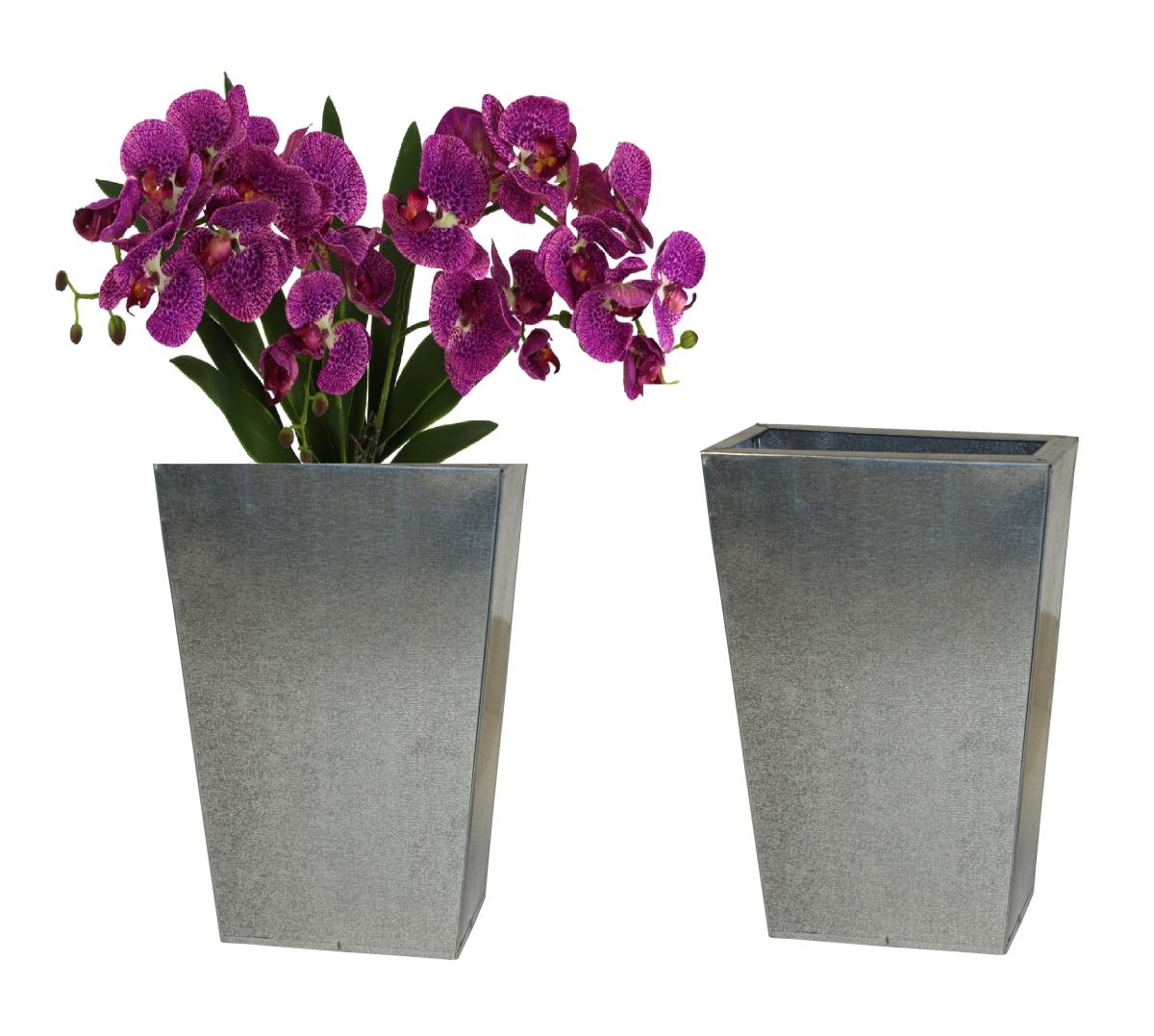 1043-2 S/2 Galvanized steel, retro decorative containers set of two, for silk and dried flower arrangements.