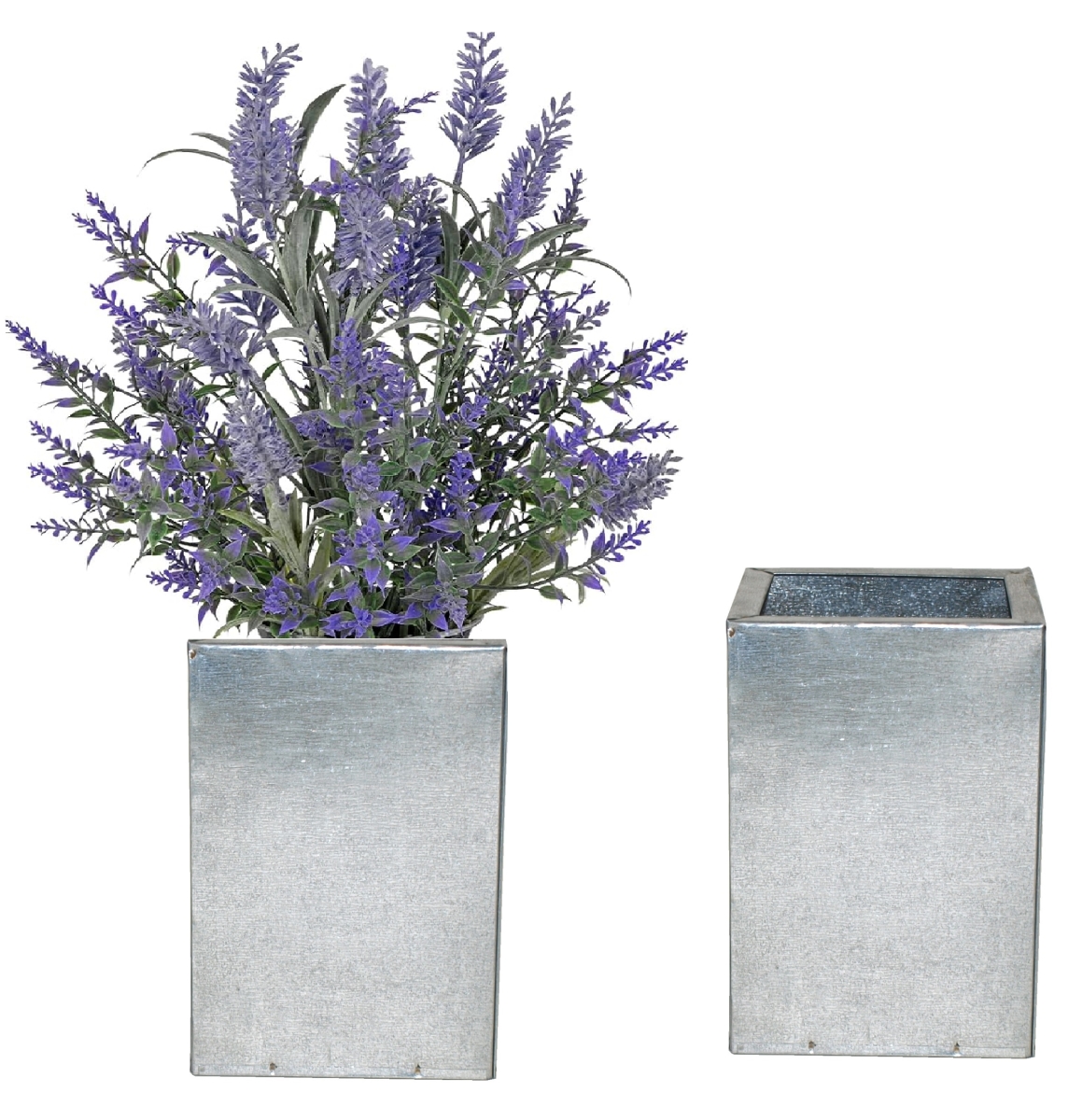 1067-1 S/2 Galvanized steel, retro decorative containers set of two, for silk and dried flower arrangements.