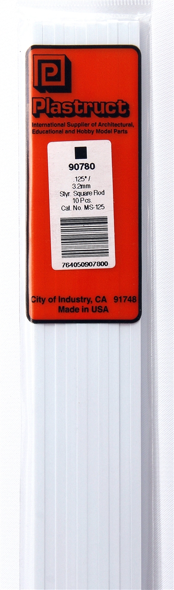 PLS90780 0.125 x 10 in. MS-125 Solid Styrene Square Rod