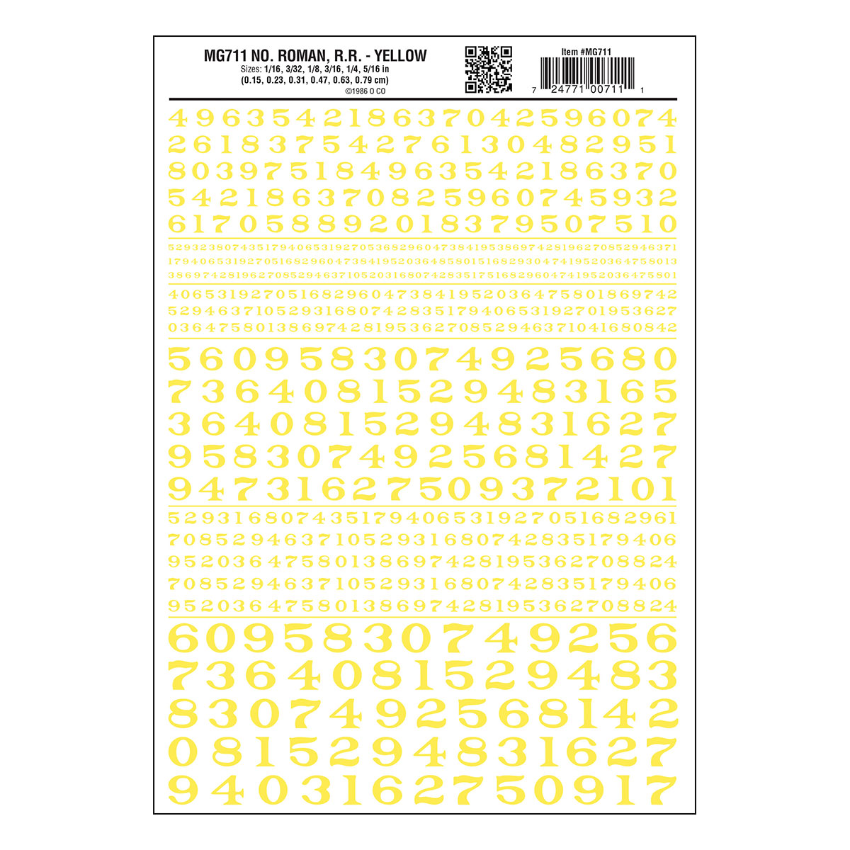 WOO711 R.R. Numbers Roman, Dry Transfer - Yellow