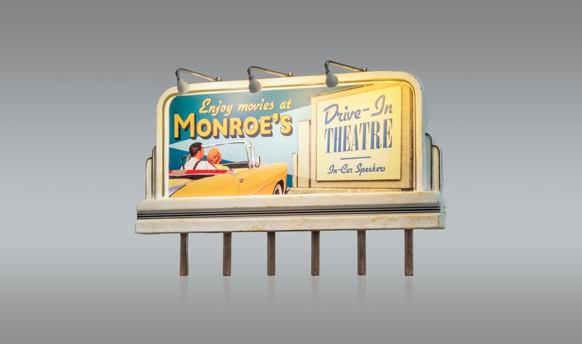WOO5794 HO Scale Just Plug Monroes Drive-In Theatre Billboard