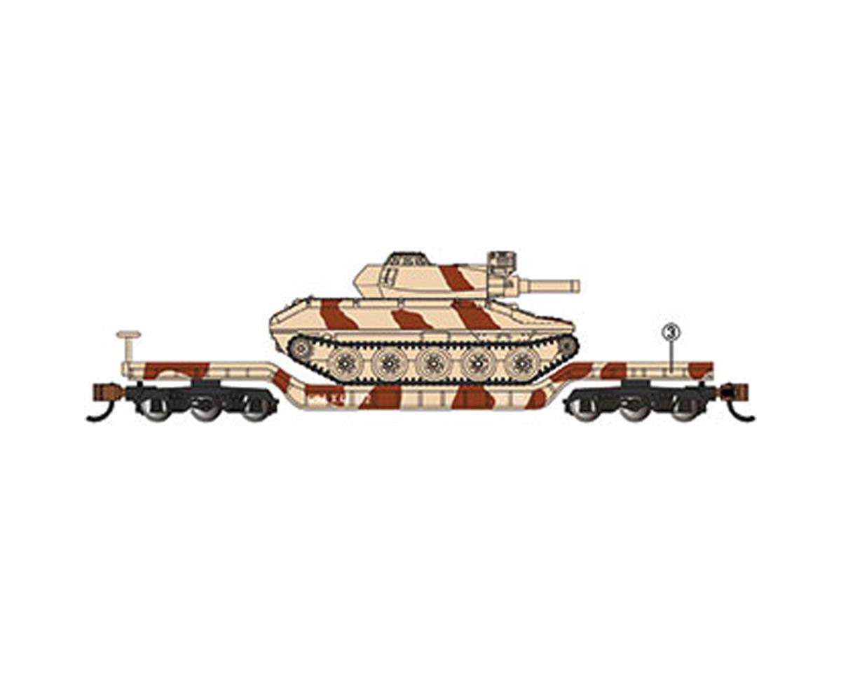 71387 52 ft. N Scale Deressed-Center Flatcar Tank US Army Camo, Tan