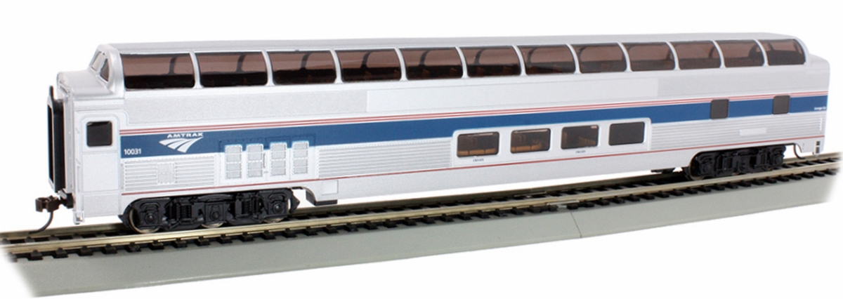 BAC13001 85 ft. HO Scale Budd Full-Length Dome Pass Car with Lights Silver Series Amtrak Phase IVb Travelscape Logo