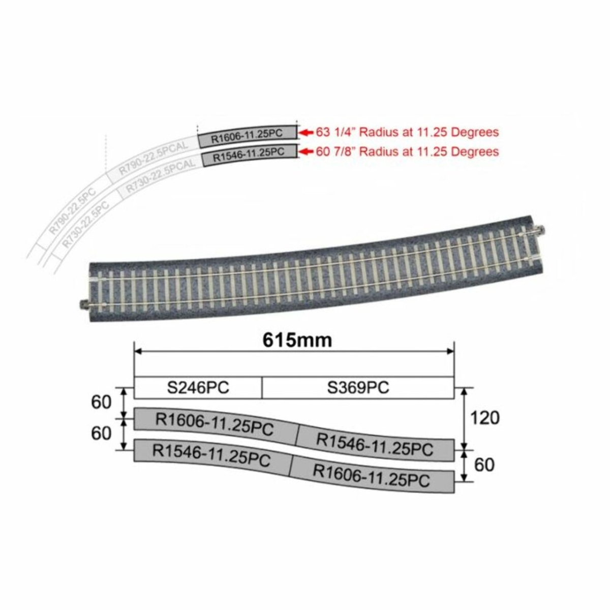 KAT2-321 HO Scale R1546 Conrete Tie Large Radius Curve Track