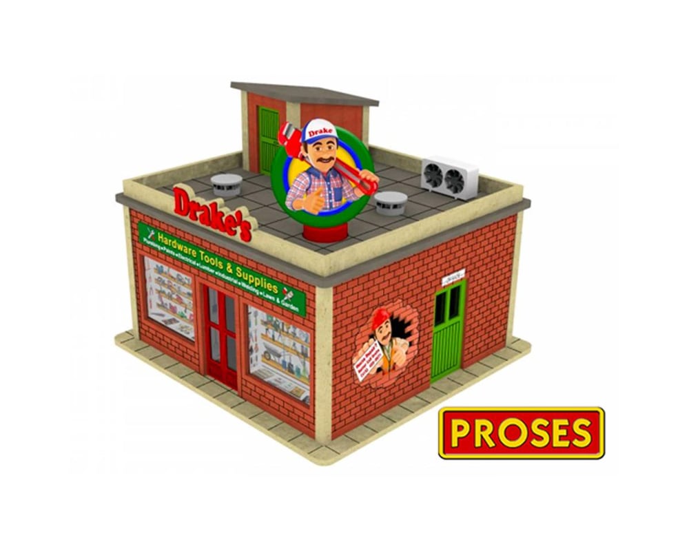BAC39123 O Scale Drakes Hardware Store with Light & Rotating Sign kit