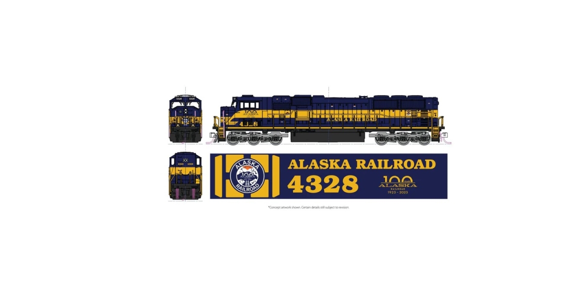 KAT1766412 No.4328 EMD SD70MAC with Nose Headlight Standard DC Alaska Railroad 100 Years Model Train, Blue & Yellow
