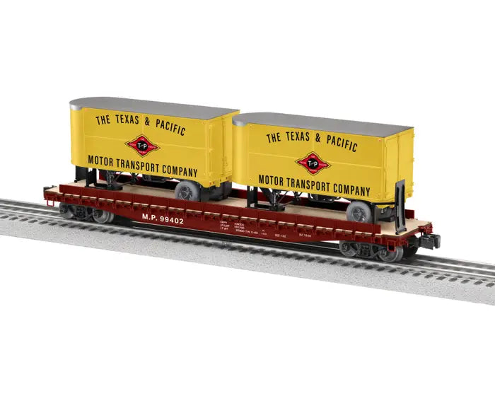 LNL2426750 50 ft. O-Scale Texas & Pacific TOFC Flat Car with 20 ft. Trailers, Red & Yellow