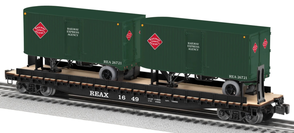 LNL2426730 50 ft. O-Scale Reax TOFC Flat Car with 2-20 ft. Trailers, Green