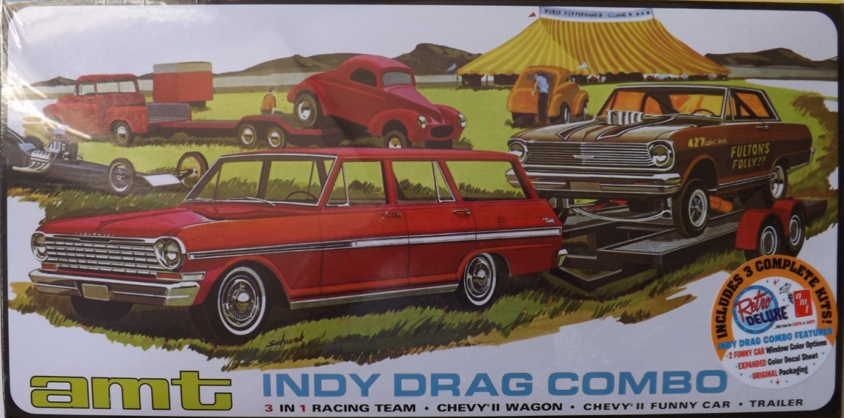 AMT1520 1-25 Scale Indy Drag Combo Chevy II Wagon Funny Car Trailer Model Kit