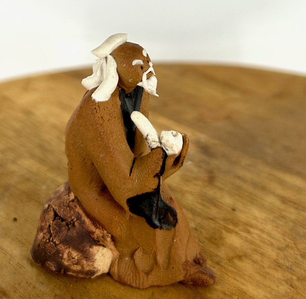e1879a Miniature Ceramic Mud Man Figurine with Pipe Small - 1.75 in.