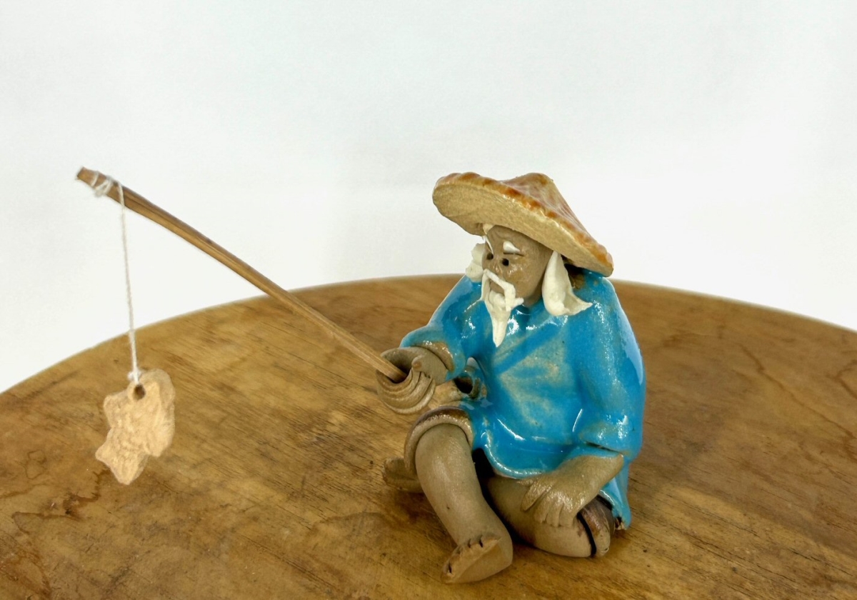 e3595 Miniature Ceramic Glazed Fisherman Figurine, Light Blue - 1.25 in.