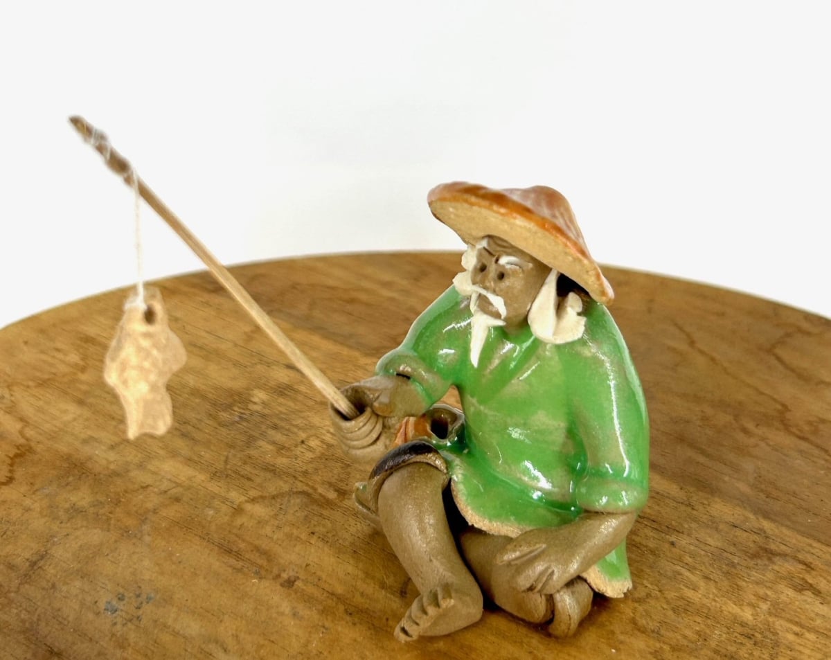 e3596 Miniature Ceramic Glazed Fisherman Figurine, Light Green - 1.25 in.