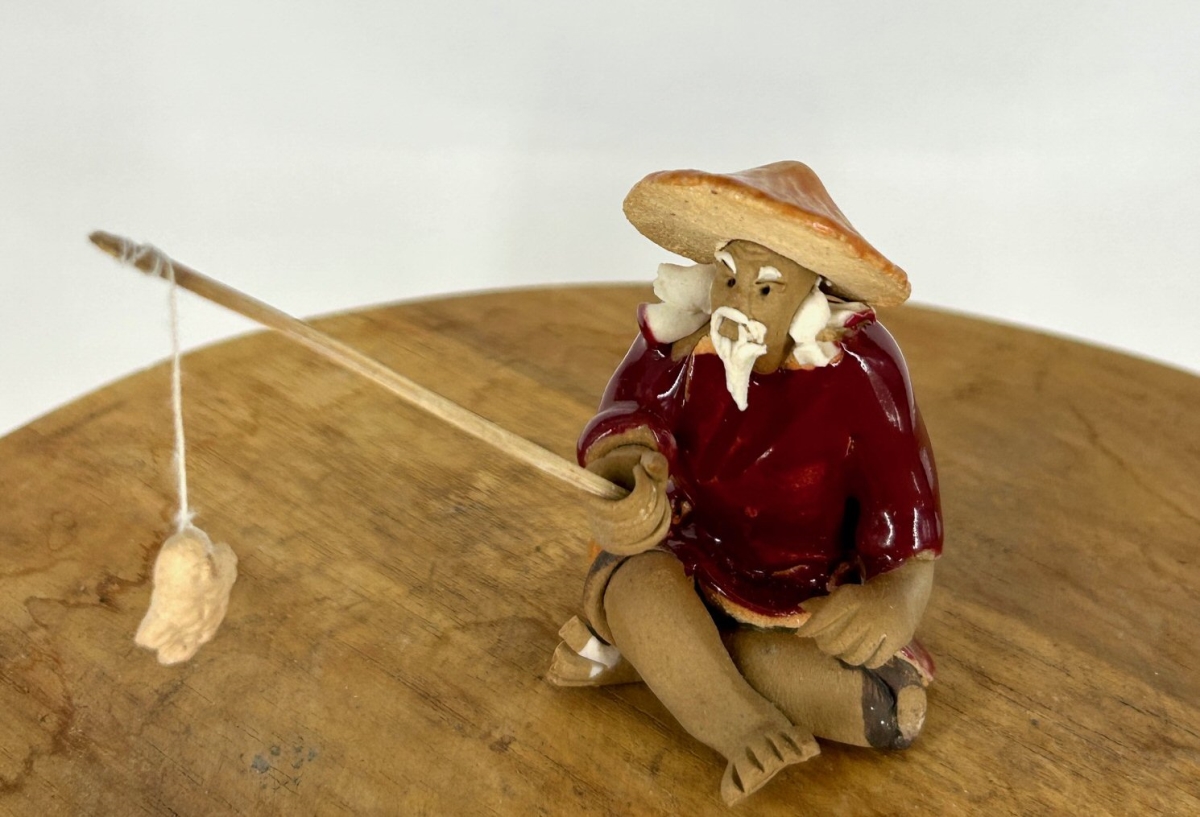 e3597 Miniature Ceramic Glazed Fisherman Figurine, Red - 1.25 in.