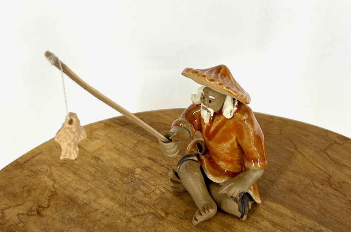 e3598 Miniature Ceramic Glazed Fisherman Figurine, Orange - 1.25 in.